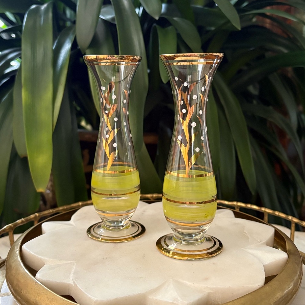 Unique Vintage Pair of Hand Painted Glass Bud Vases - Set of 2 Gold and Green
